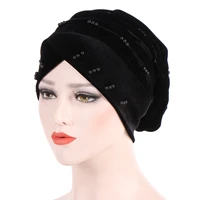 muslim women stretch cross bead velvet ruffle turban hat cancer chemo beanies headwear wrap plated hair loss accessories