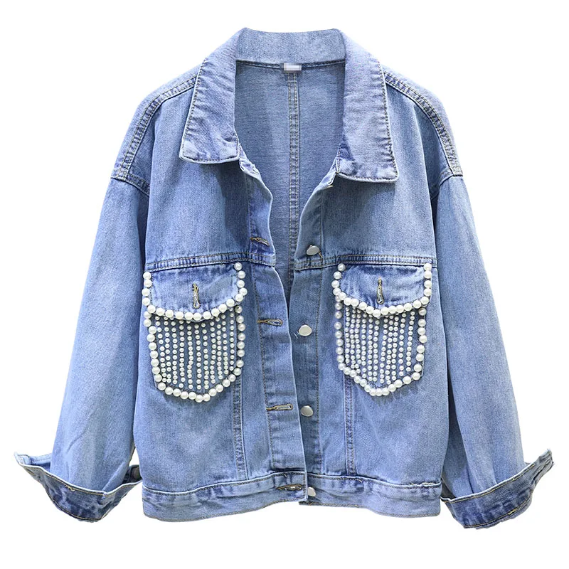 Женская джинсовая куртка с жемчужинами и бусинами винтажная Свободная в стиле