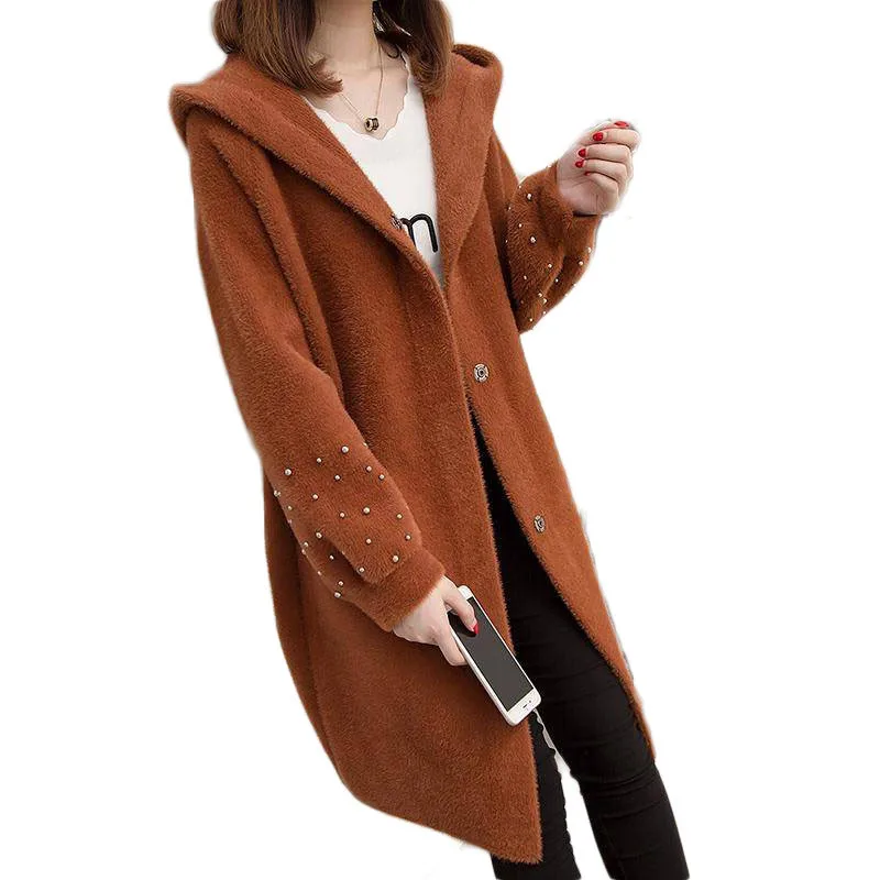 

2019 Autumn Winter Korean Female Beading Long Sleeve Cardigan Lady Hooded Long Sweater Women Elegant Loose Mink Fur Sweater A94