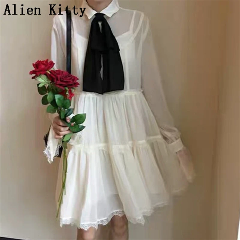 Женское платье с о образной горловиной Alien Kitty милое белое шифоновое и милыми