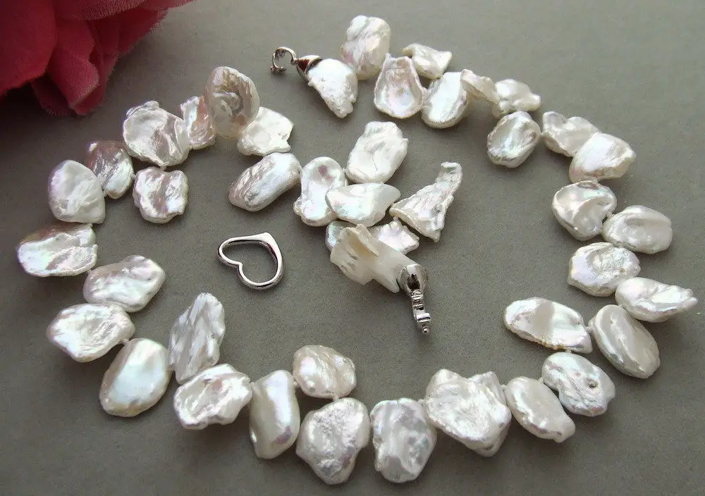 

free shipping 000759 Natural 13x18mm AAA White keshi Pearl Necklace