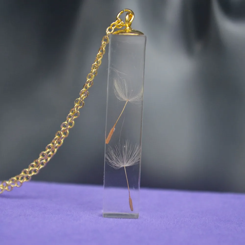 

2 Dandelion Make a Wish Real Flower Transparent Cube Resin Gold Color Pendant Chain Long Necklace Women Boho Jewelry