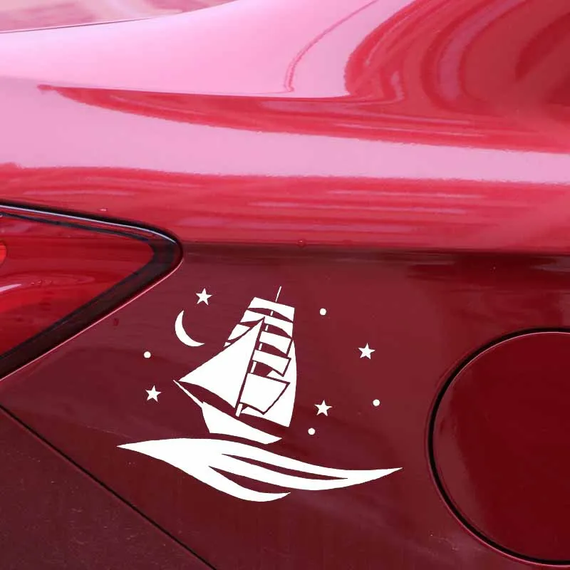 YJZT 16.4CM*12.3CM Boat Ocean Sea With The Stars And Moon Vinly Decal Decor Art Car Sticker Black/Silver C27-0413 | Автомобили и