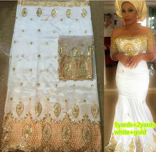Белый и золотой 5 ярдов африканская Джордж кружевная ткань + 2 французский чистая
