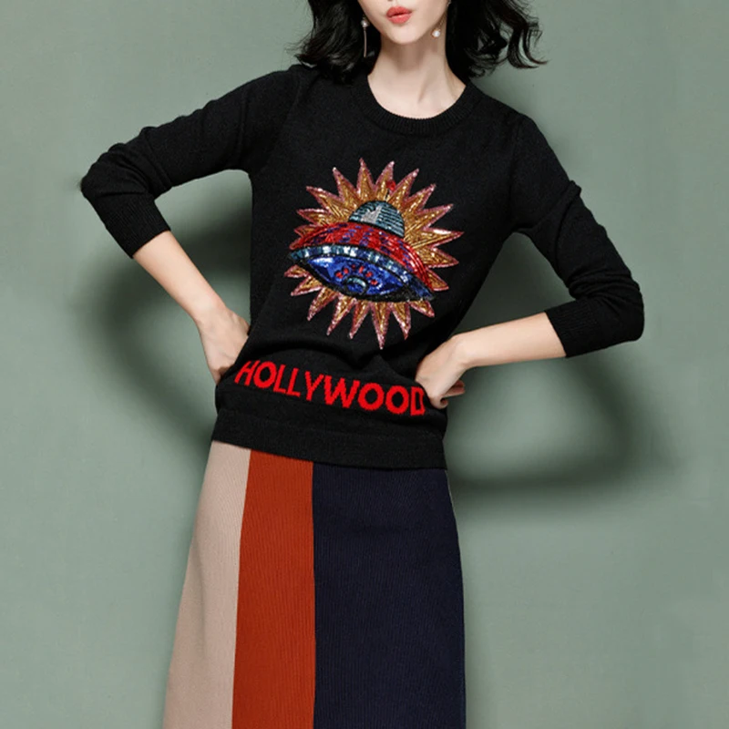 Women New vintage 3D UFO Sequins warm sweaters long sleeve o neck pullovers winter autumn knitted retro tops blusas C-038 | Женская