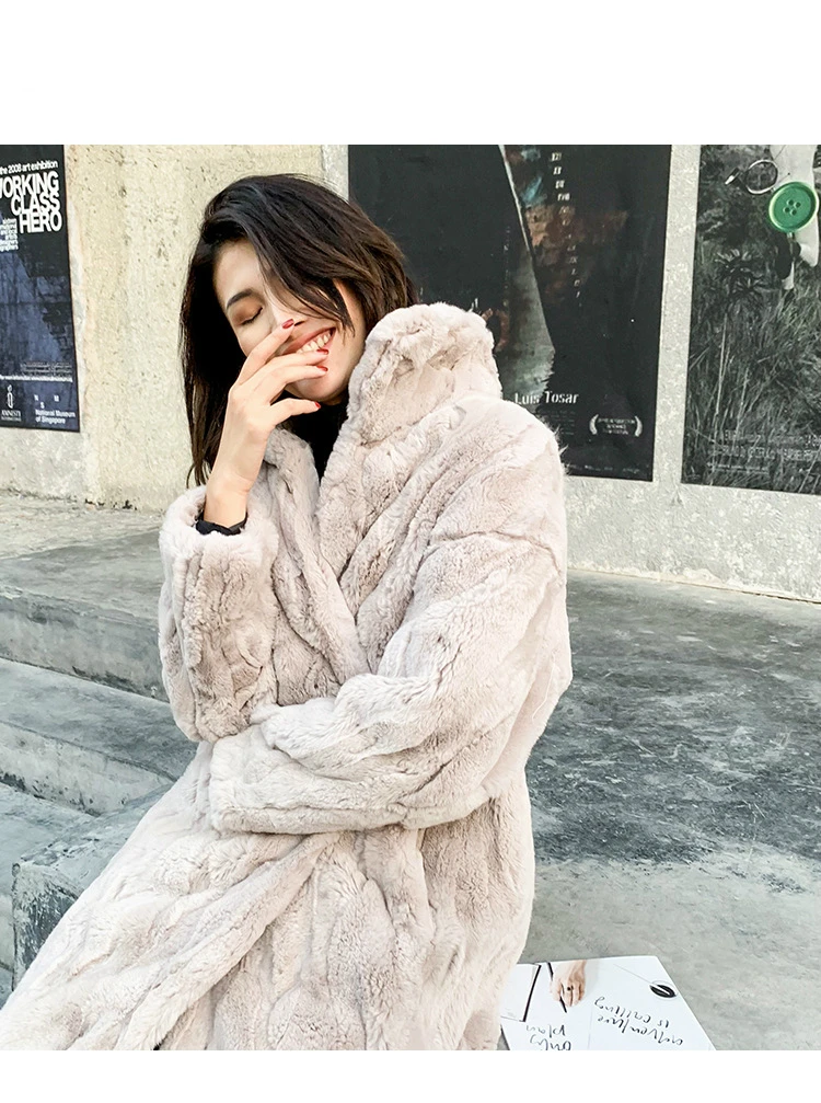 Зимняя женская повседневная куртка из натурального меха кролика Рекс, длинное пальто с воротником-стойкой, уличная Толстая теплая верхняя одежда