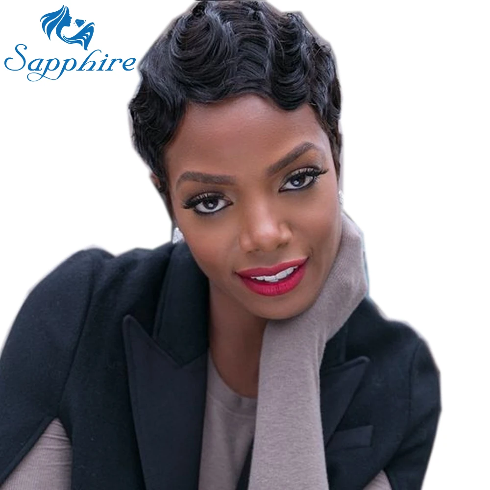 Sapphire короткие волосы на шнурках парики из натуральных волн океана человеческие