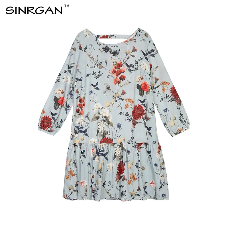 SINRGAN Woman Print Dress Summer Vintage Loose A Line Short Long Sleeve Sexy Mini Ruffle Beach Dresses Vestidos Mujer | Женская одежда