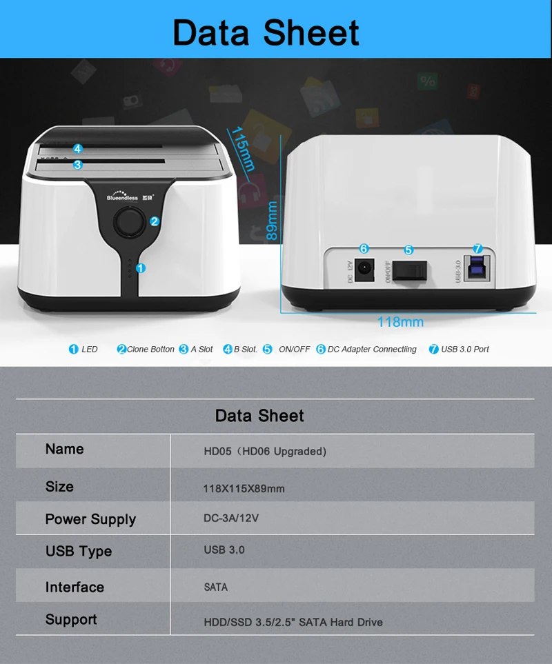 Blueendless 2 Bay Sata Hdd USB3.0 жесткий диск Hdd док-Корпус для станции Hdd 3,5 дюймов Hdd корпус копирования данных Поддержка 1 ТБ жесткий диск