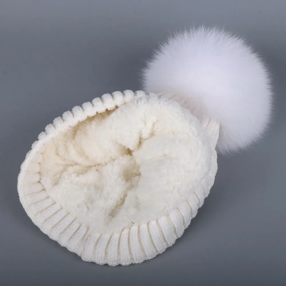 women new Chenille beanies real fox pompons winter hats soft yarn high quality warmer knitted striped woman girl skullies gorros |