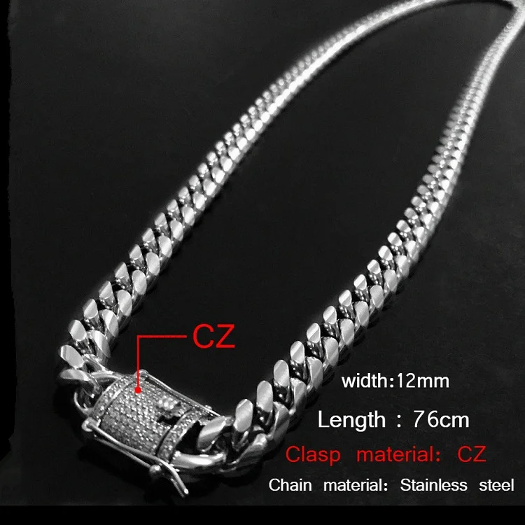 CZ silver UWIN 10 мм мужское кубинское ожерелье из нержавеющей стали, стразы, застежка, золото, серебро, хип-хоп цепочка, ожерелье 76 см - Окраска металла: CZ silver