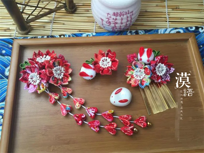 

hand made hairpin cotton cloth hair clip barrettes Japanese kimono anime cosplay accessories sakura bunny red A