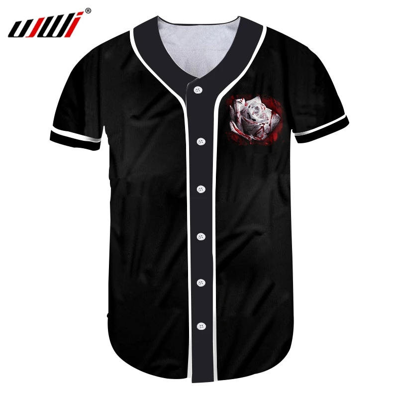 

UJWI Men Baseball Jersey shirt Fashion Short 3D Printing White Rose Big Size Garment unisex Short-sleeved Shirt Button T-shirt
