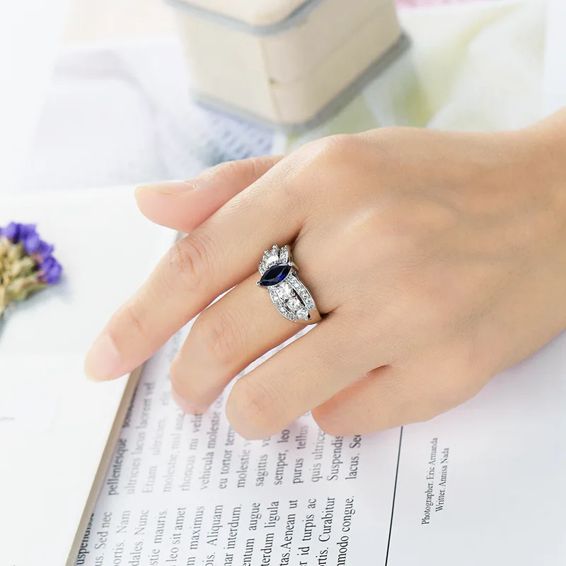 New Hot Fashion Luxury Dazzling Royal Blue Horse Eye Multi-drilled Shine Zircon Ring For Women Wedding Engagement Rings Gifts | Украшения и