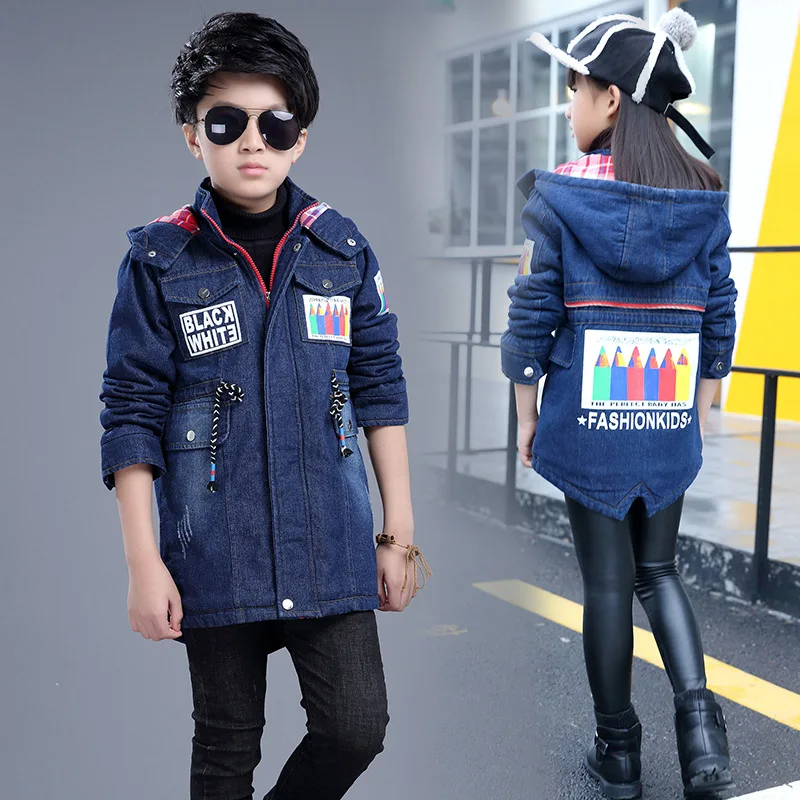 2019 джинсовые зимние куртки синяя верхняя одежда для мальчиков и девочек пальто 3 4