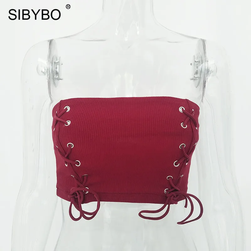 Женский топ без бретелей со шнуровкой Sibybo, повседневный короткий хлопковый укороченный топ бандажного кроя без бретелей на лето