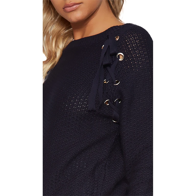 HDY Haoduoyi Autumn Solid Navy Blue Women Sweater Lace-up Drawstring Hollow Out Grommet Lady Tops Loose Casual Female Pullovers | Женская