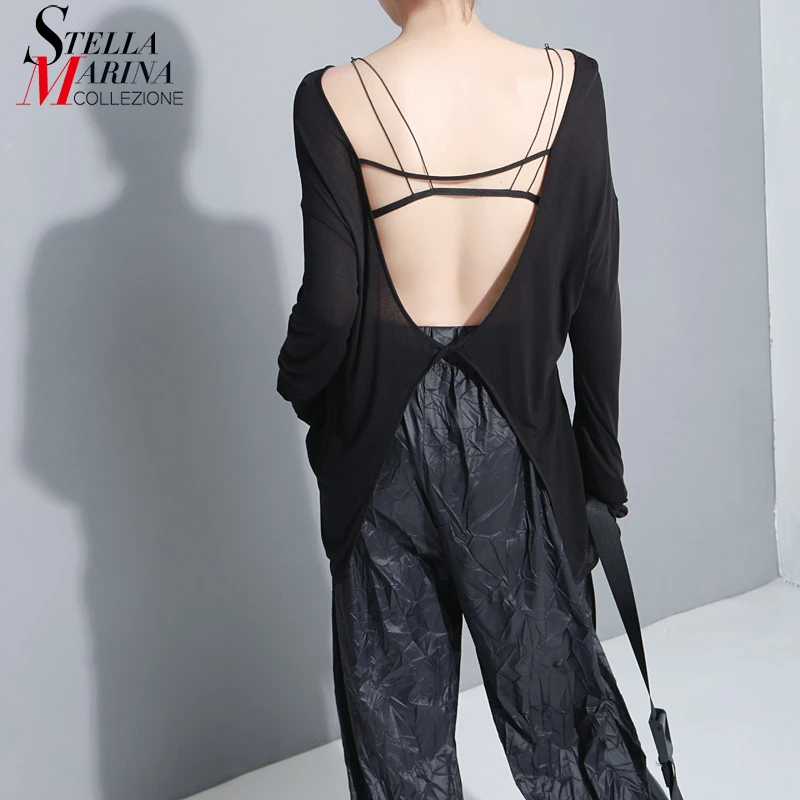 Женская футболка из спандекса однотонная черная с открытой спиной и круглым