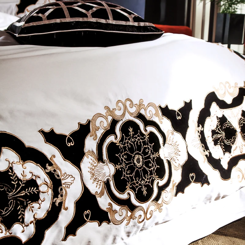 Роскошный комплект постельного белья из шелка хлопка белого и черного цвета с