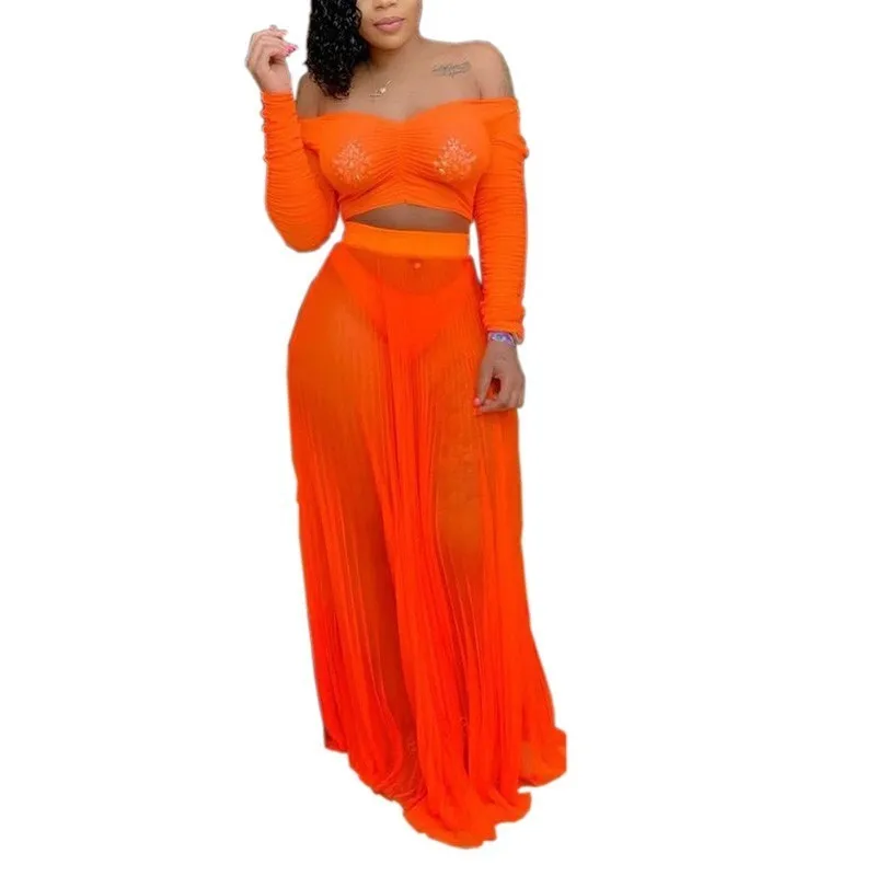 neon orange Неоновый оранжевый сексуальный комплект из 2 предметов для женщин, короткий топ с длинным рукавом и вырезом лодочкой, пляжные длинные юбки, прозрачный комплект из двух предметов - Цвет: neon orange