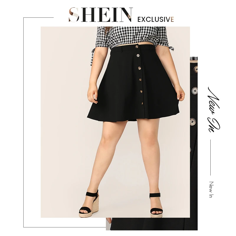 SHEIN Размера Плюс Юбка-Клёш Женская Летняя Черная Короткая Юбка С Пуговицами