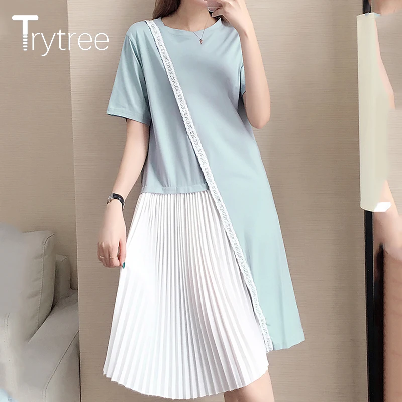 Женское кружевное платье с круглым вырезом Trytree белое плиссированное