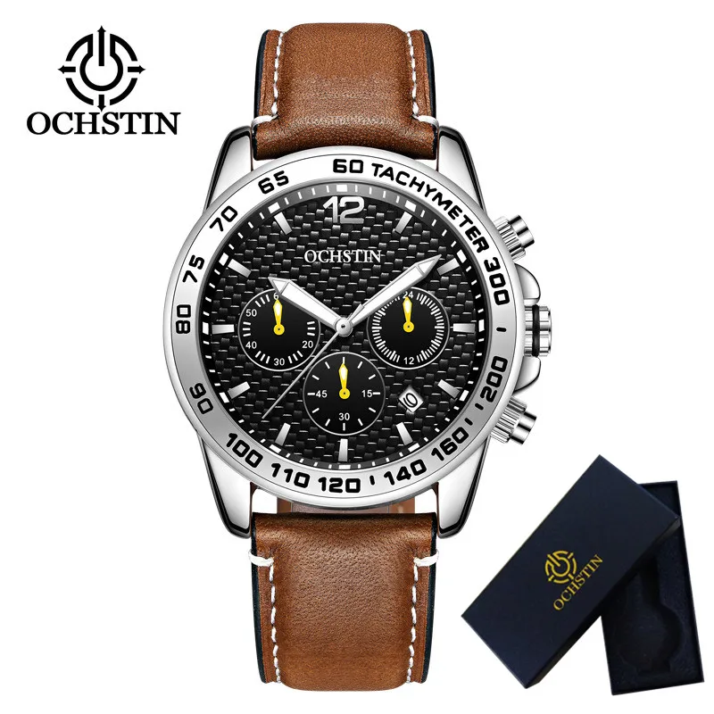 GQ611403 with box OCHSTIN мужские часы Топ бренд класса люкс Хронограф наручные часы Дата Военный Спорт натуральная кожа мужские часы Relogio Masculino 6117 - Цвет: GQ611403 with box