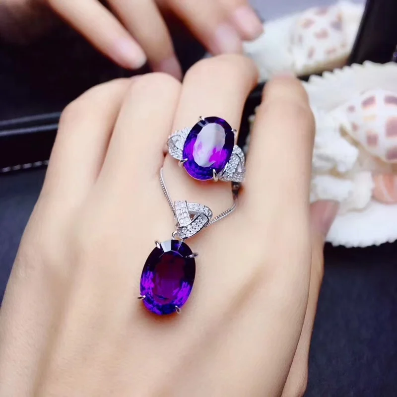 

Nice Amethyst Jewelry sets for women gifts The bird's nest cut 6.5ctx2pcs Necklace / Ring fine Jewelry 925 Sterling Silver #303