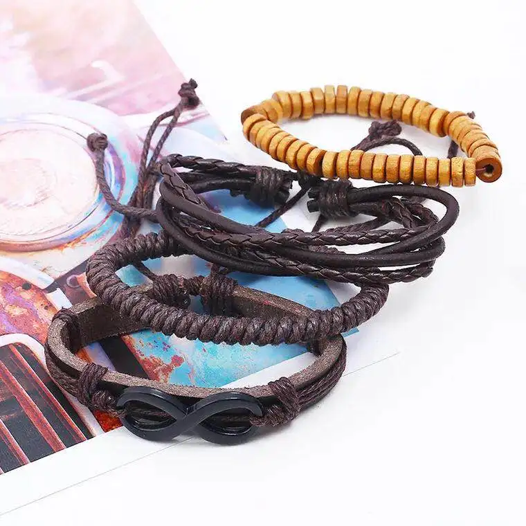 Модный винтажный Набор браслетов с подвесками из коровьей кожи Luck 8 для мужчин и