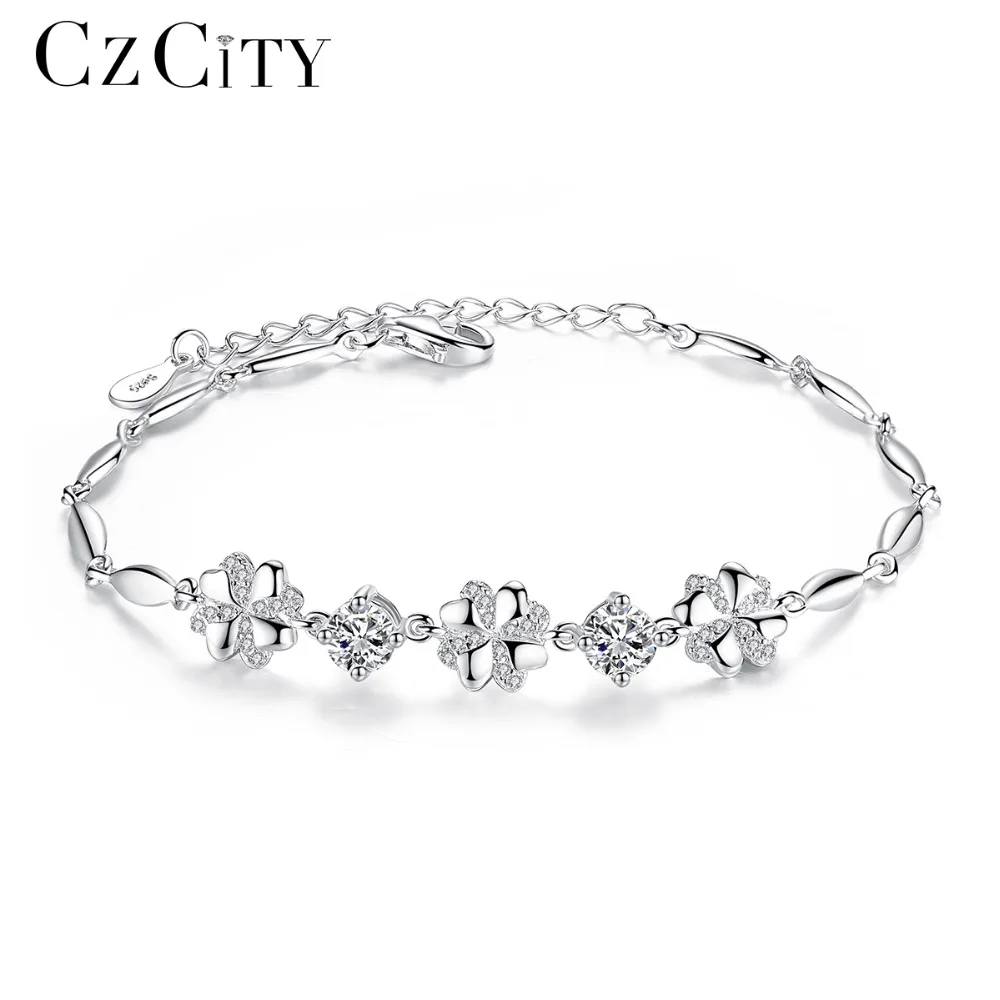 

CZCITY Brand Cubic Zirconia 925 Sterling Silver Bracelet for Women Genuine 925 Silver Charm Flower Chain Link Bracelet Jewellry