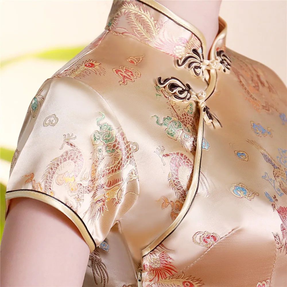 Шанхай история короткие Cheongsam Топ Традиционный китайский искусственный шелк/Атласный топ Дракон и Феникс Вышивка Блузка Топ Qipao рубашка