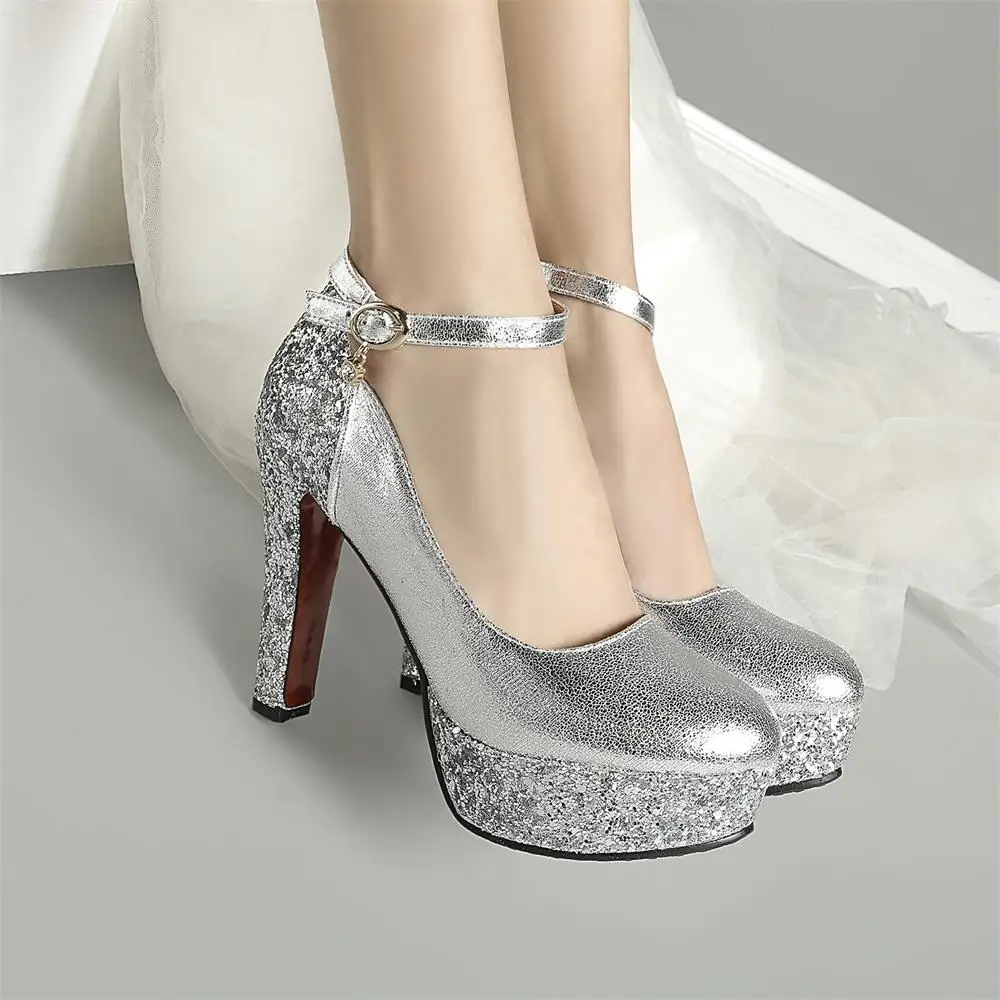 Мода Уличная Женщины Золото Серебро Металл Цвет Пу Толстые Каблуки Платформы