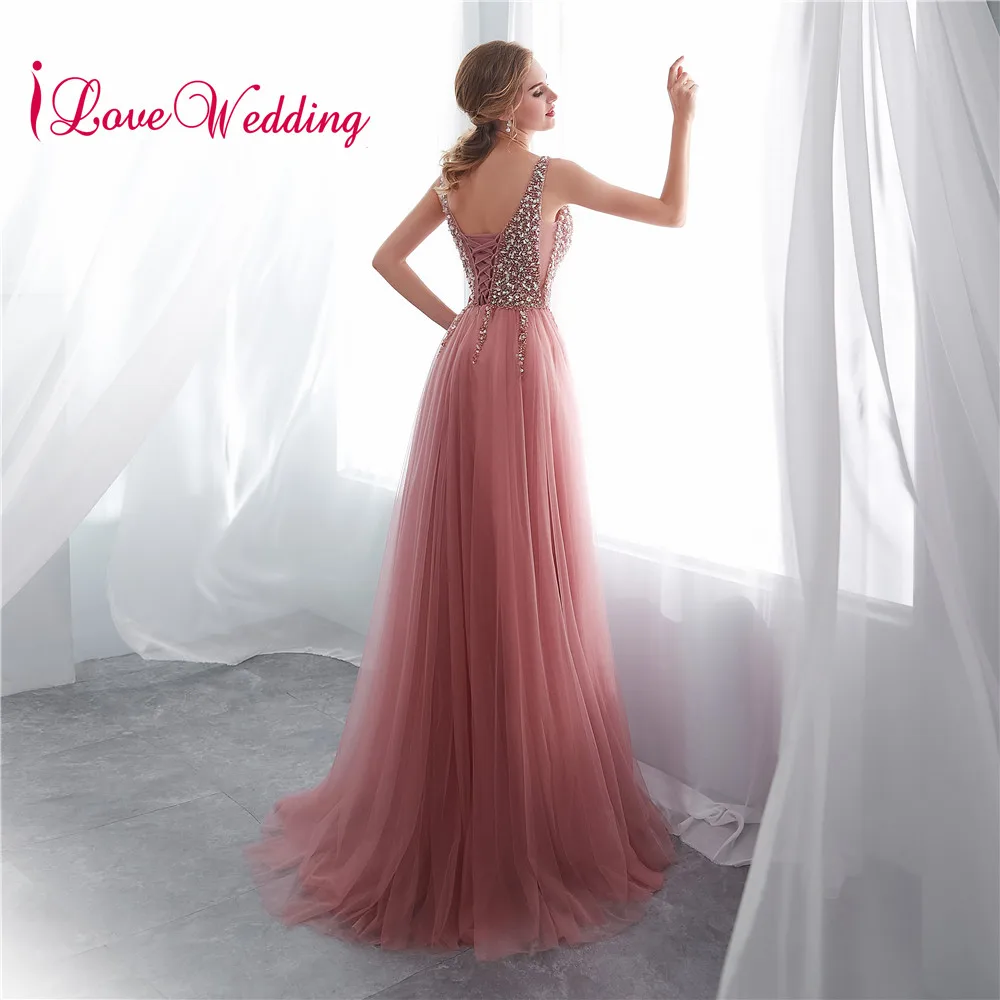 ILoveWedding/длинное вечернее платье с треугольным вырезом и бусинами|Вечерние платья|