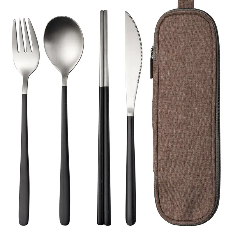 black silver 4 PC JueQi походный набор посуды столовые приборы 304 нержавеющая сталь Палочки для еды посуда кухонная посуда включает нож вилка чайные ложки мешок - Цвет: black silver 4 PC