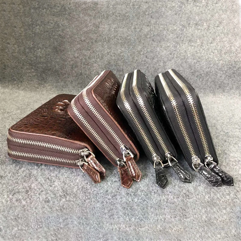 Men's Genuine Crocodile Leather wallet fashion multi functional double metal zipper clutch wallet with wrist strap UBEJ0003