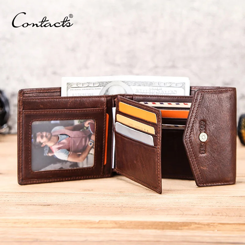 

CONTACT'S Crazy Horse leather men wallet with coin pocket Hasp Money Bag horizontal Vintage short wallet for Business male