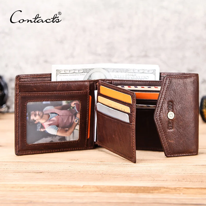 Мужской кожаный бумажник CONTACT'S Crazy Horse с карманом для монет и застежкой