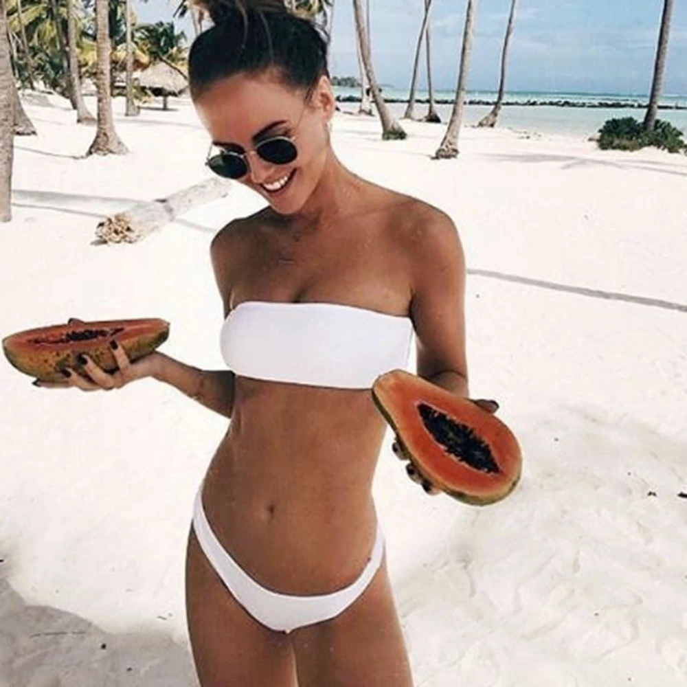 LANGSTAR Bandeau Bikini Ribbed Swimwear Women High Cut Swimsuit Sexy Strapless Lace up Padded Swimwear Thong Biquni Bathing Suit