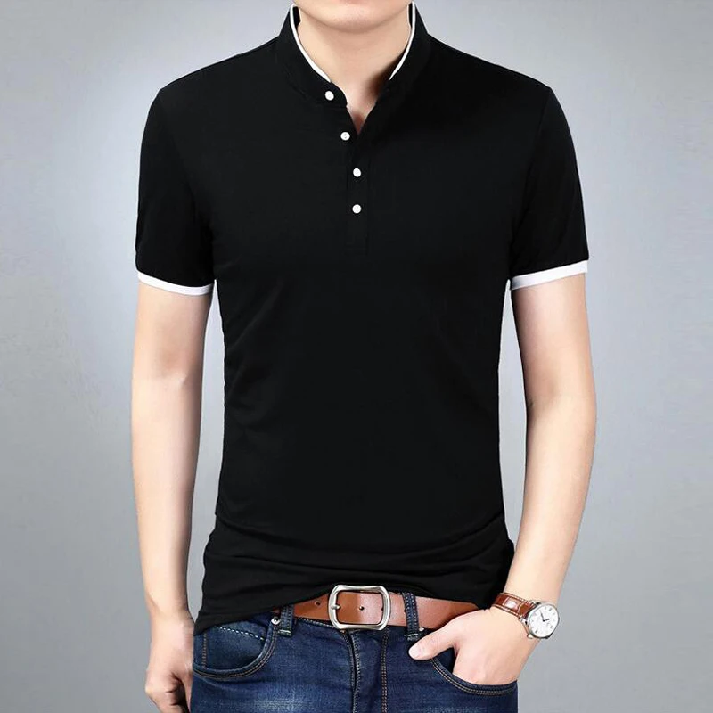 Summer Tshirt Men New Fashion Solid Color Slim Fit Short Sleeve T Shirts Mens Mandarin Collar Casual T-Shirt Brand Clothing | Мужская