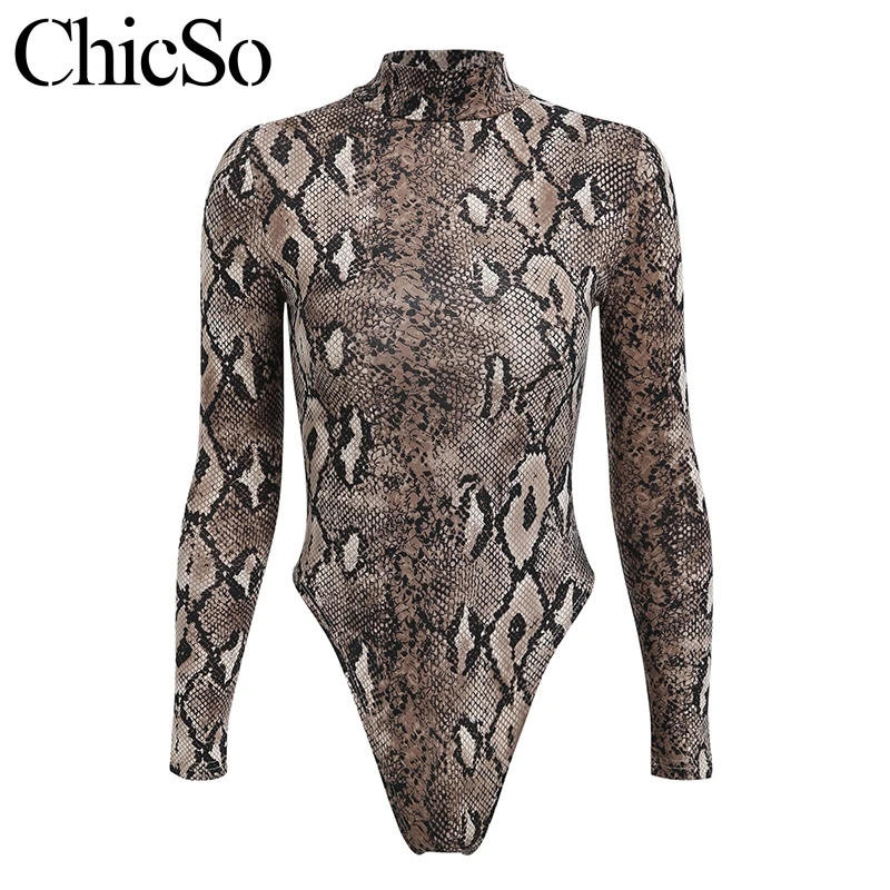 Missychilli Snake print long sleeve bodysuit Women winter one-piece sexy Autumn hollow out playsuit rompers overalls |