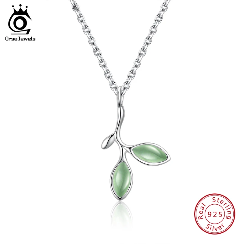 ORSA JEWELS подлинное Серебро 925 женское ожерелье лист кулон зеленый Эмаль Камень романтическое Серебрянное ювелирное ожерелье OSN94