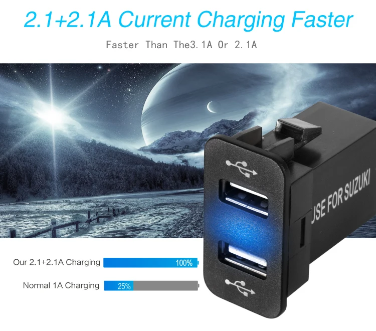 Прямые продажи, зарядное устройство USB Voiture, 12, 24 В, светодиодный, быстрый, автомобильный, USB разъем, зарядное устройство для Suzuki sx4, Carregador De Delular, 5 В, 2,1+ А, вход