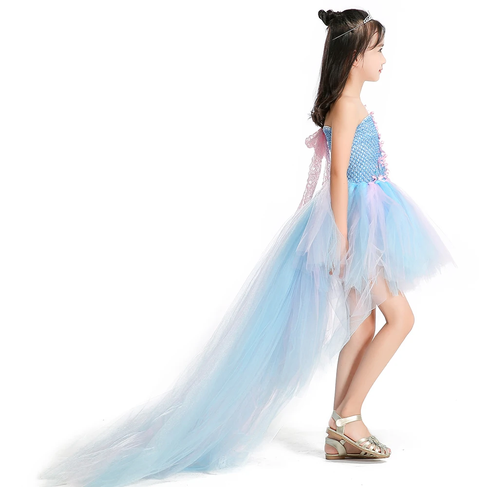 Pink and Blue Butterfly Bow Rhinestone Baby Girls Dresses with Train Tulle Lace Straps Children Tutu for Party | Детская одежда и