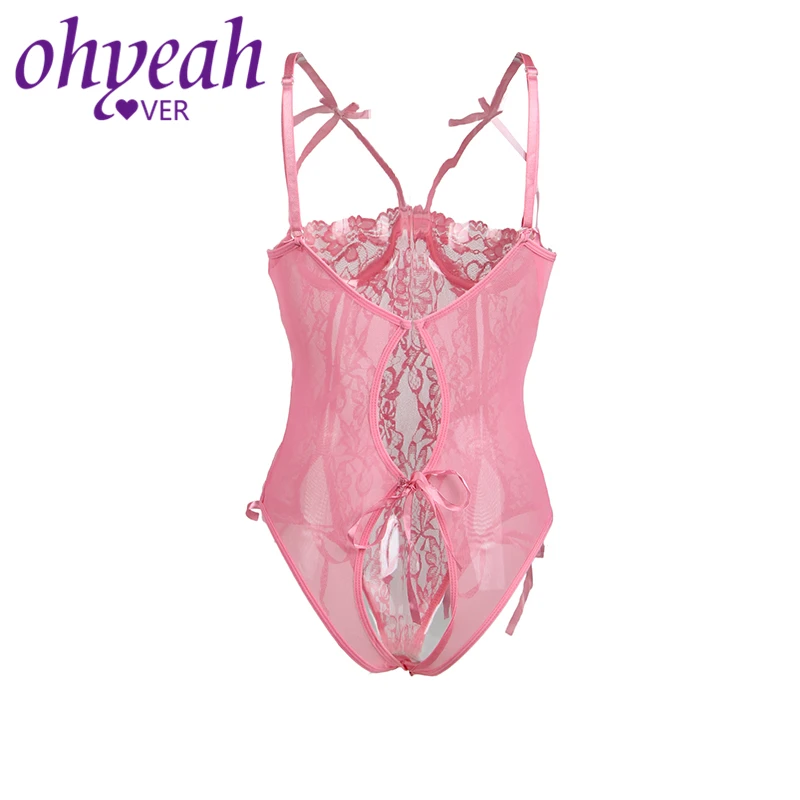 Женский комбинезон Ohyeahlover розовый кружевной с открытым бюстом на лето RM80422|macacao
