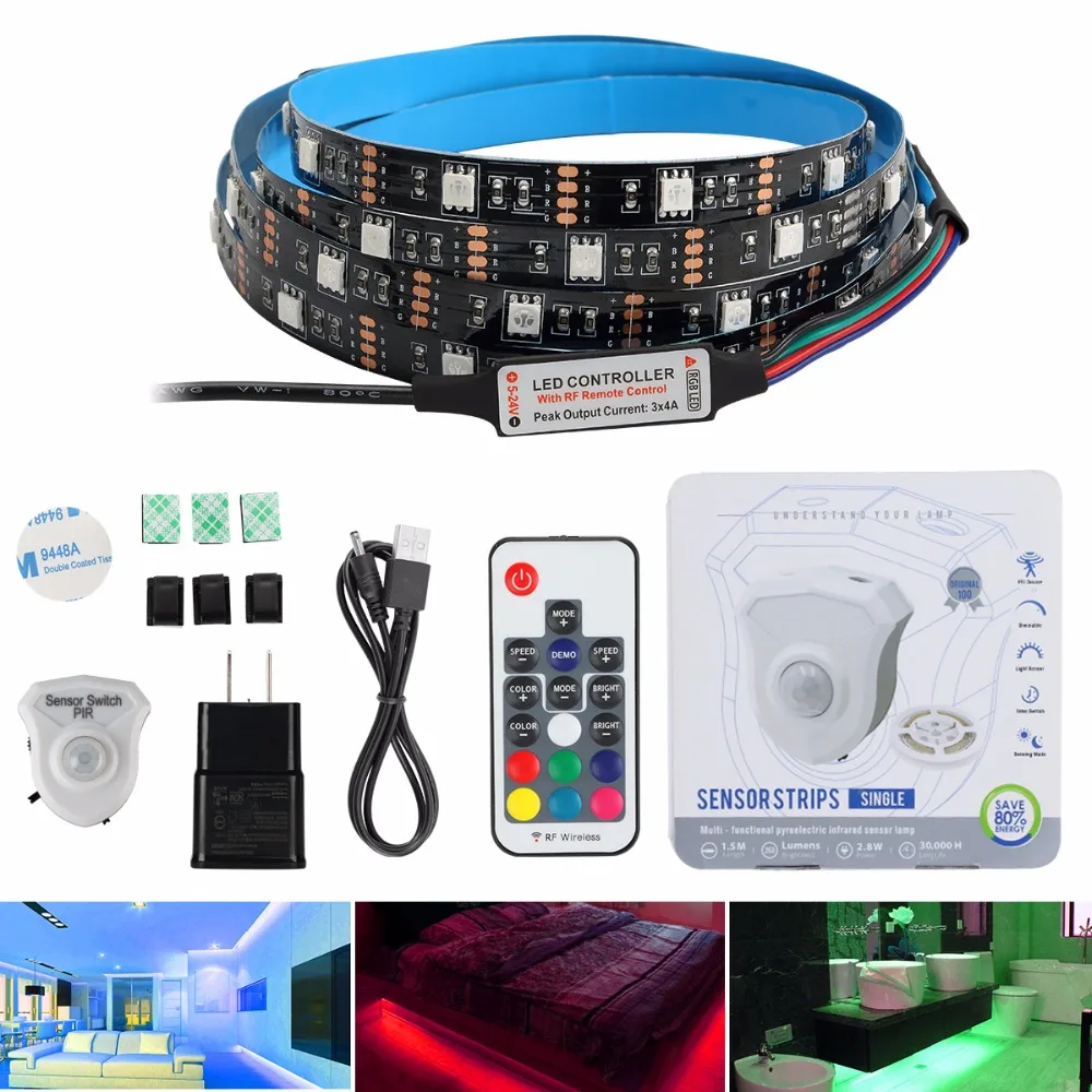 Светодиодная лента 5050 rgb с PIR датчиком водонепроницаемая для спальни ночной