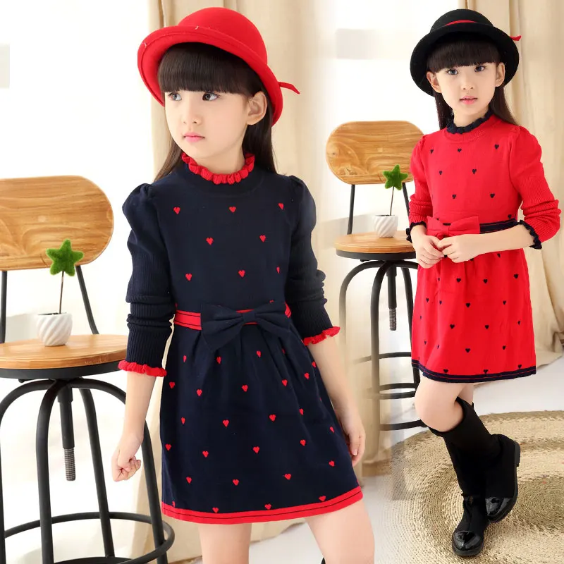 Kids Girls' Fall Winter Dress One-piece Sweater with Bow Heart Shape Printed Knit 1192 | Детская одежда и обувь