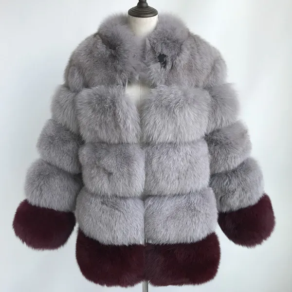 Grey and wine red Пальто из натурального меха, зимняя куртка, одежда из натуральной лисы,, модная,, Полный Пелт, Женское пальто из натурального Лисьего меха, зимнее пальто для женщин - Цвет: Grey and wine red
