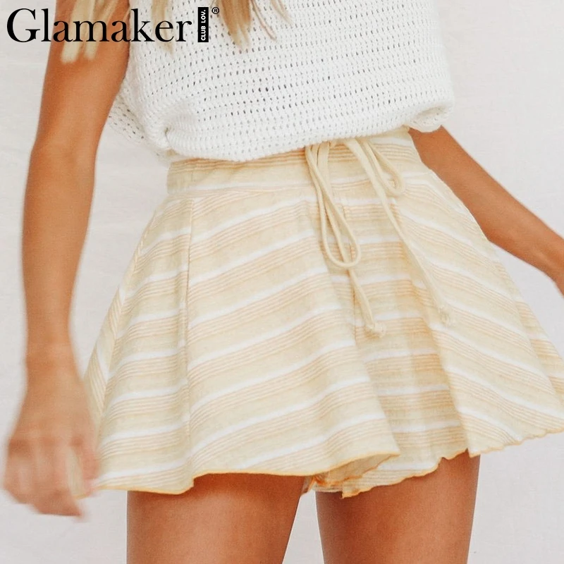 Женские шорты со шнуровкой Glamaker синие свободные пляжные с высокой талией и