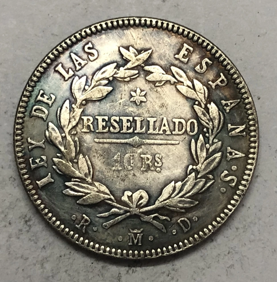 1821 RMD Испания 10 Reales Fernando VII Посеребренная копия монеты 34 мм|Безвалютные монеты| |