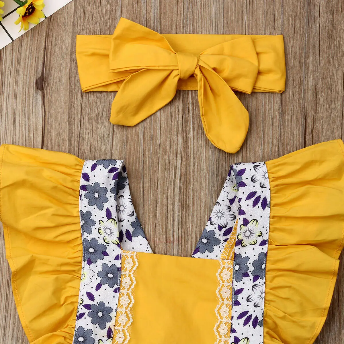 2019 Baby Summer Clothing Newborn Girl Floral Bodysuit Patchwork Jumpsuit+Headband Ruffles Short Sleeve Yellow Outfit Set |